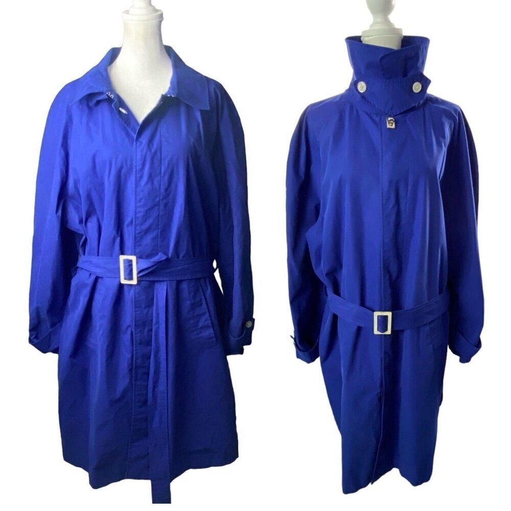 LAUREN RALPH LAUREN Women Midi Trench Coat Size M Blue Length High Neck Rainwear